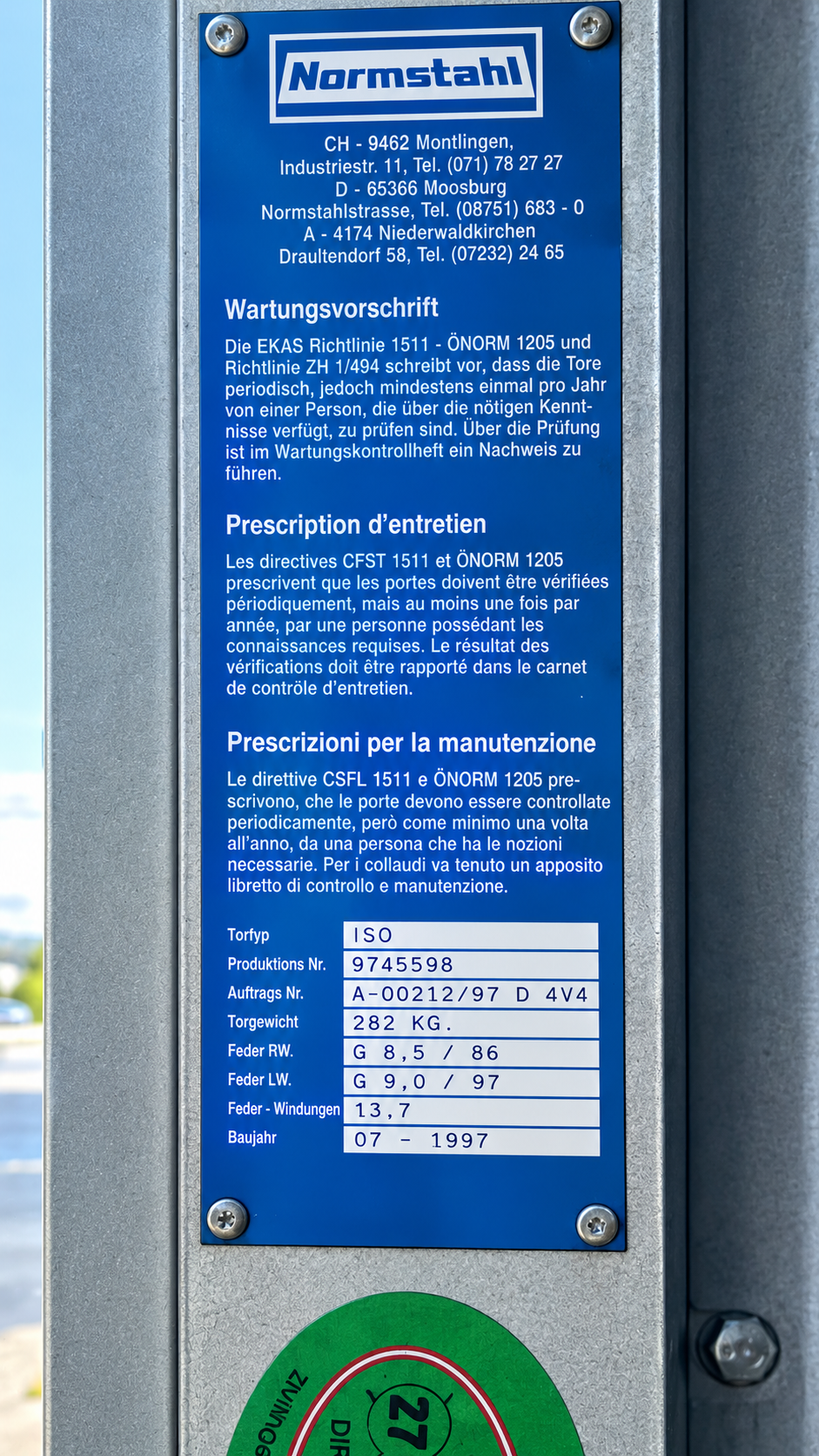 Normstahl industrial torsion spring data plate