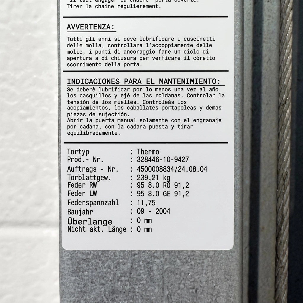 Novoferm industrial torsion spring
            data plate